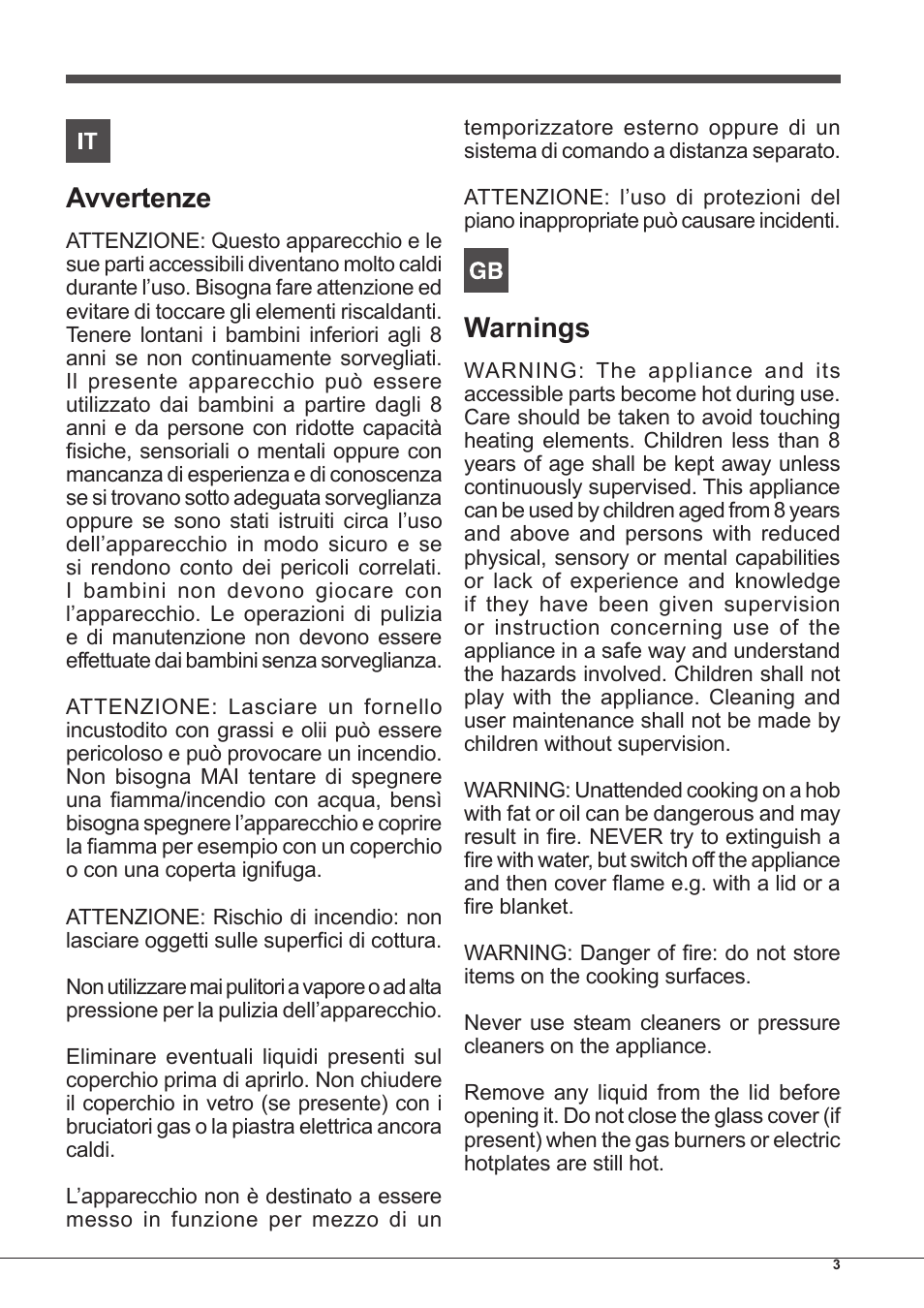 Avvertenze, Warnings | Indesit IP-751-S-(IX) User Manual | Page 3 / 56