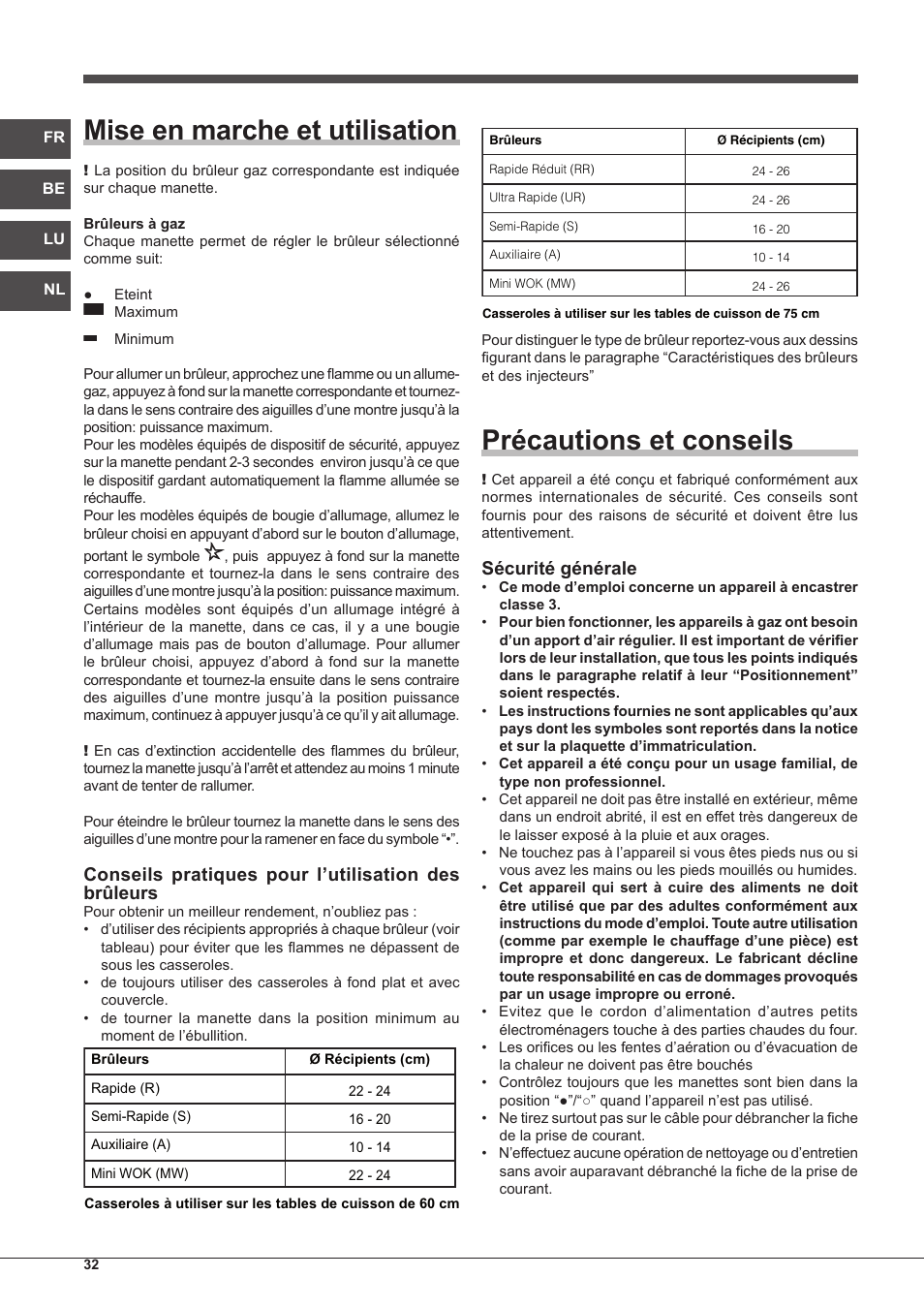 Mise en marche et utilisation, Précautions et conseils, Conseils pratiques pour l’utilisation des brûleurs | Sécurité générale | Indesit IP-751-S-(IX) User Manual | Page 32 / 56