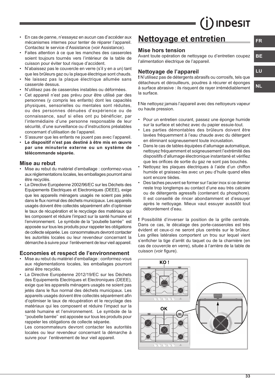 Nettoyage et entretien, Mise au rebut, Economies et respect de l’environnement | Mise hors tension, Nettoyage de l’appareil | Indesit IP-751-S-(IX) User Manual | Page 33 / 56