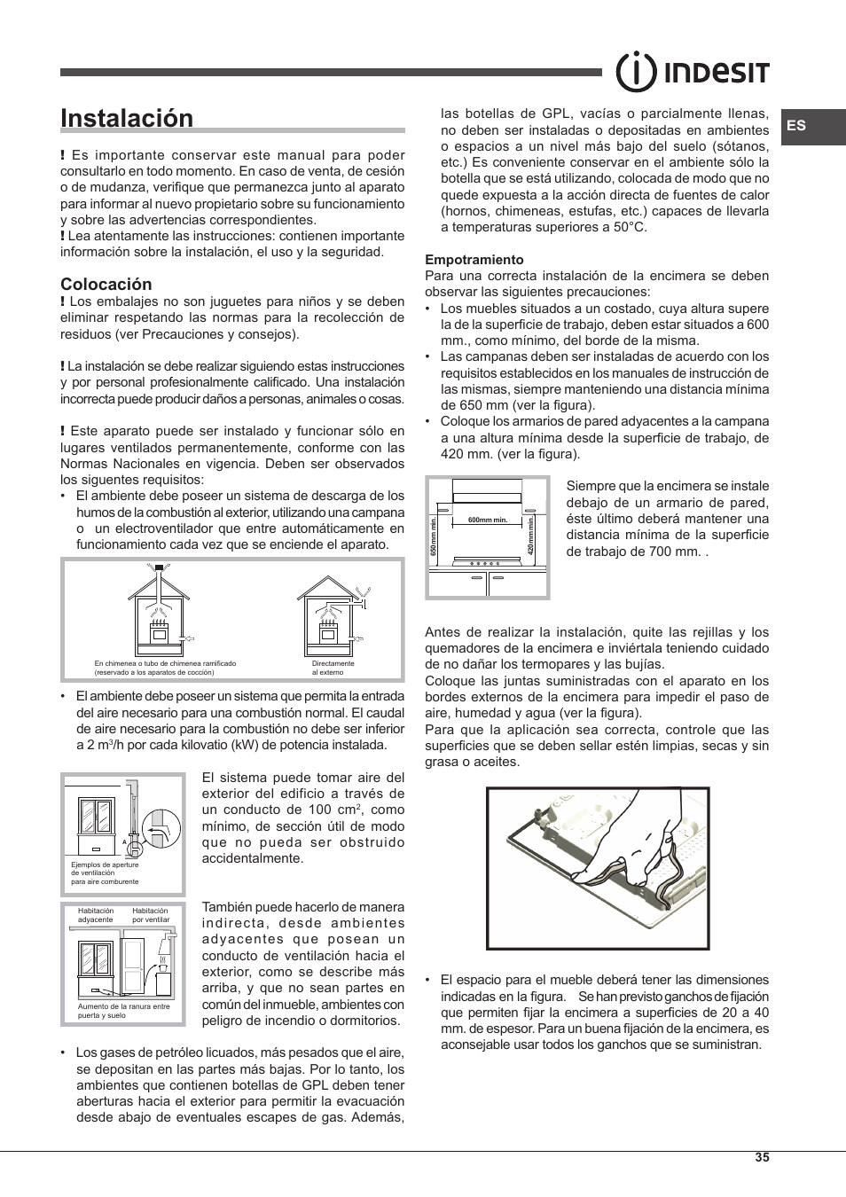 Instalación, Colocación | Indesit IP-751-S-(IX) User Manual | Page 35 / 56