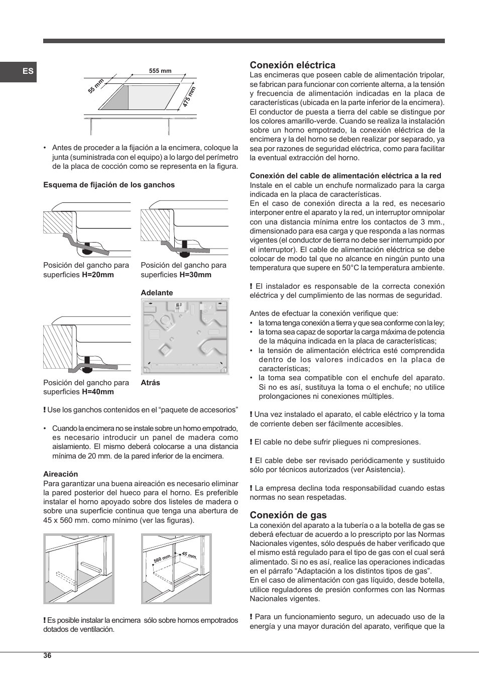 Conexión eléctrica, Conexión de gas | Indesit IP-751-S-(IX) User Manual | Page 36 / 56