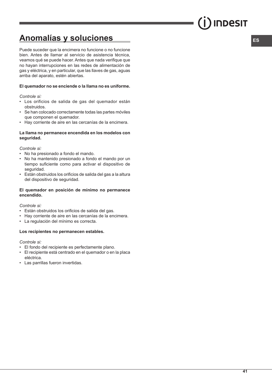 Anomalías y soluciones | Indesit IP-751-S-(IX) User Manual | Page 41 / 56