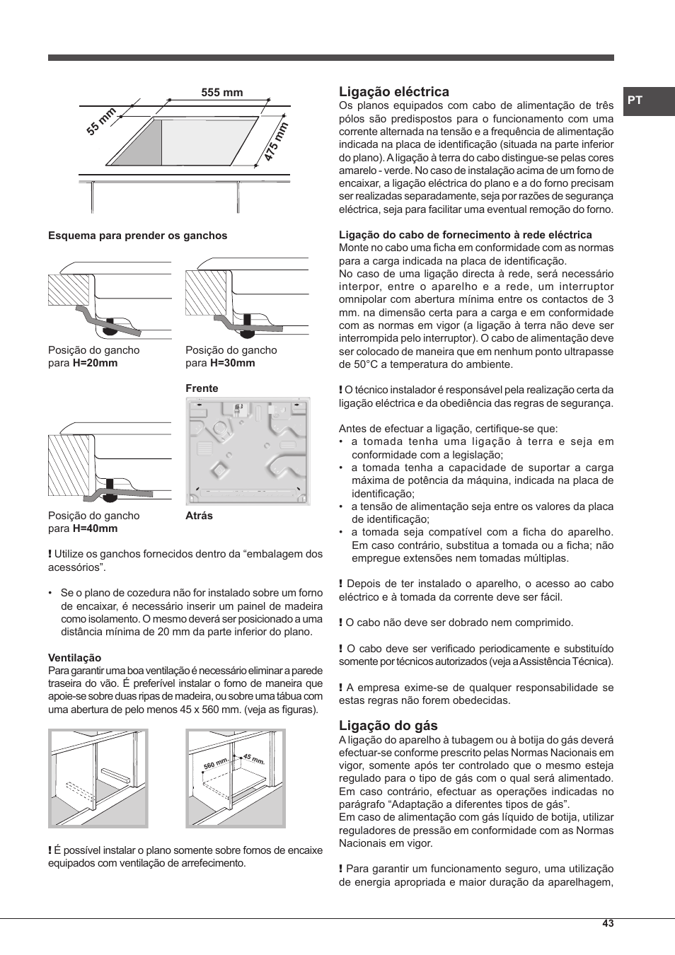 Ligação eléctrica, Ligação do gás | Indesit IP-751-S-(IX) User Manual | Page 43 / 56