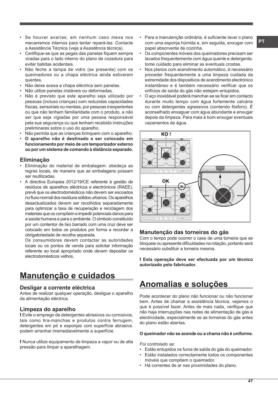 Manutenção e cuidados, Anomalias e soluções, Eliminação | Desligar a corrente eléctrica, Limpeza do aparelho, Manutenção das torneiras do gás | Indesit IP-751-S-(IX) User Manual | Page 47 / 56