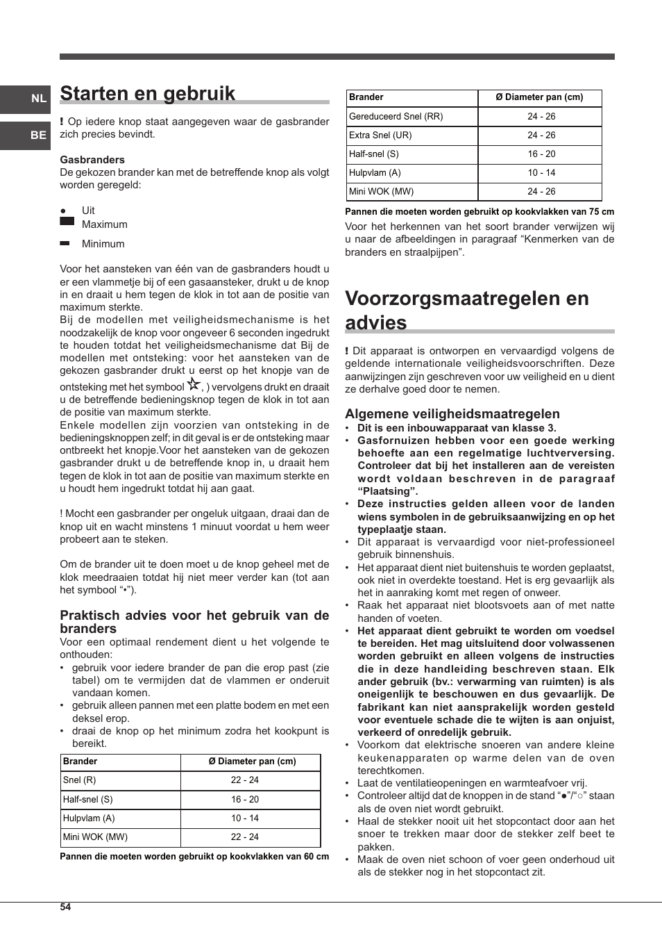 Starten en gebruik, Voorzorgsmaatregelen en advies, Praktisch advies voor het gebruik van de branders | Algemene veiligheidsmaatregelen | Indesit IP-751-S-(IX) User Manual | Page 54 / 56