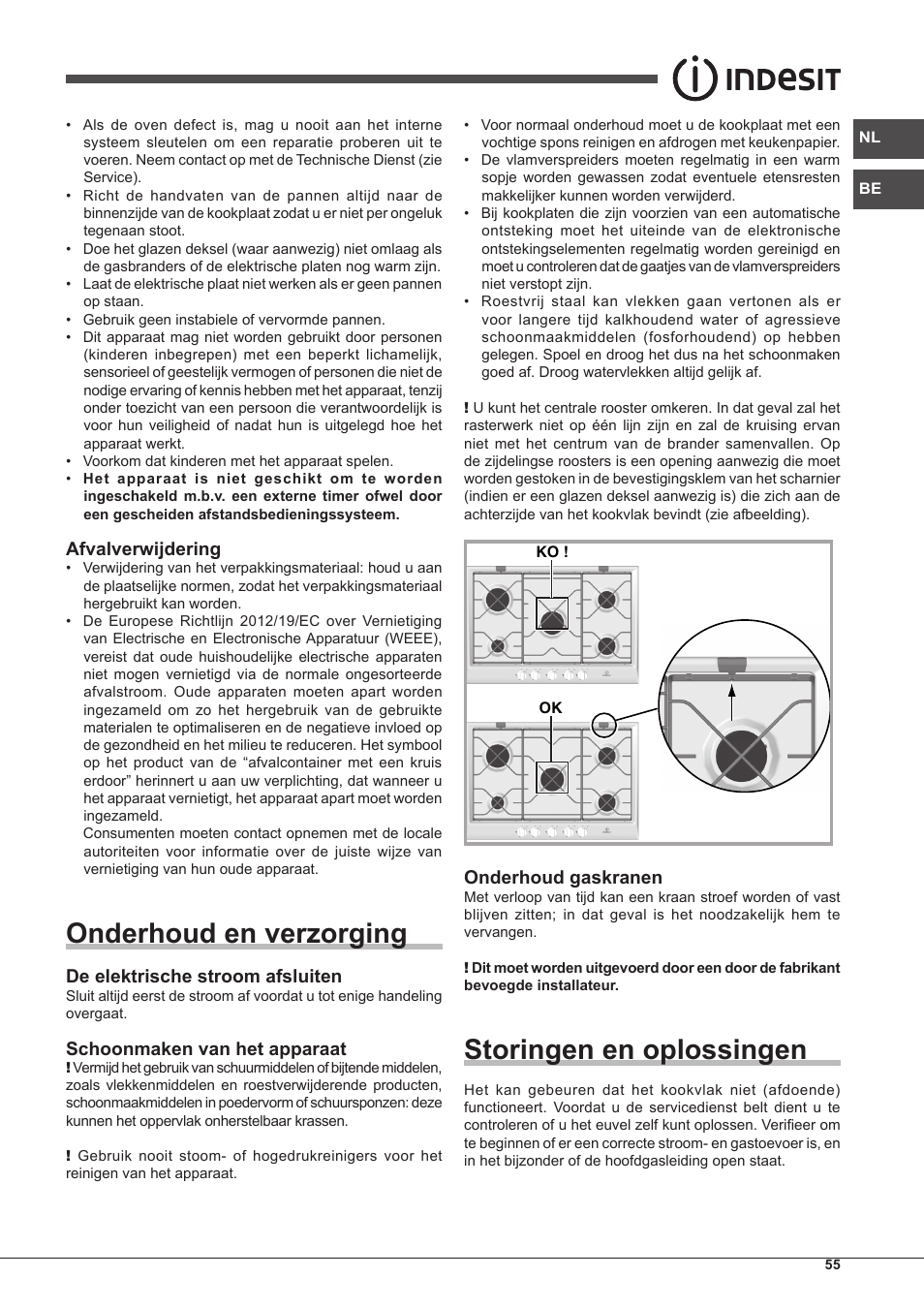 Onderhoud en verzorging, Storingen en oplossingen, Afvalverwijdering | De elektrische stroom afsluiten, Schoonmaken van het apparaat, Onderhoud gaskranen | Indesit IP-751-S-(IX) User Manual | Page 55 / 56