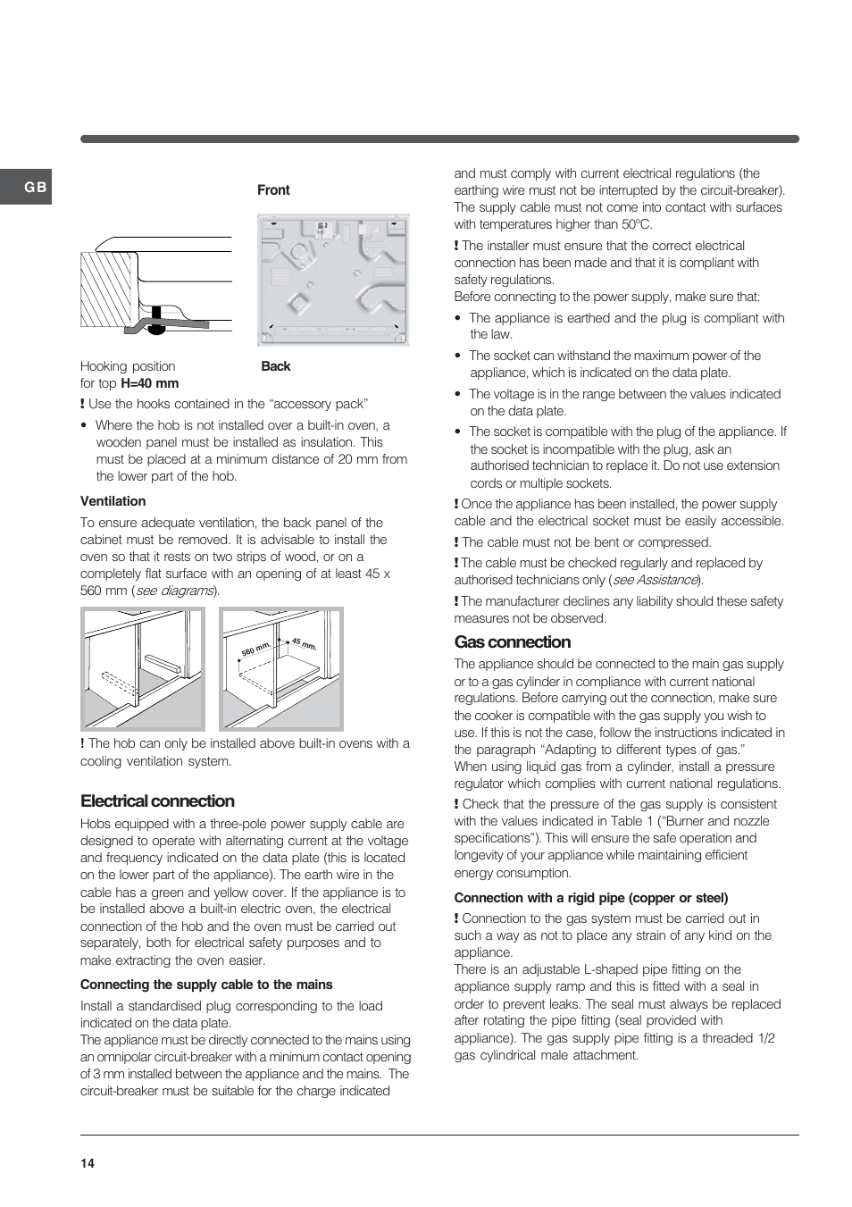 Electrical connection, Gas connection | Indesit IP-641-S-(IX) User Manual | Page 14 / 56