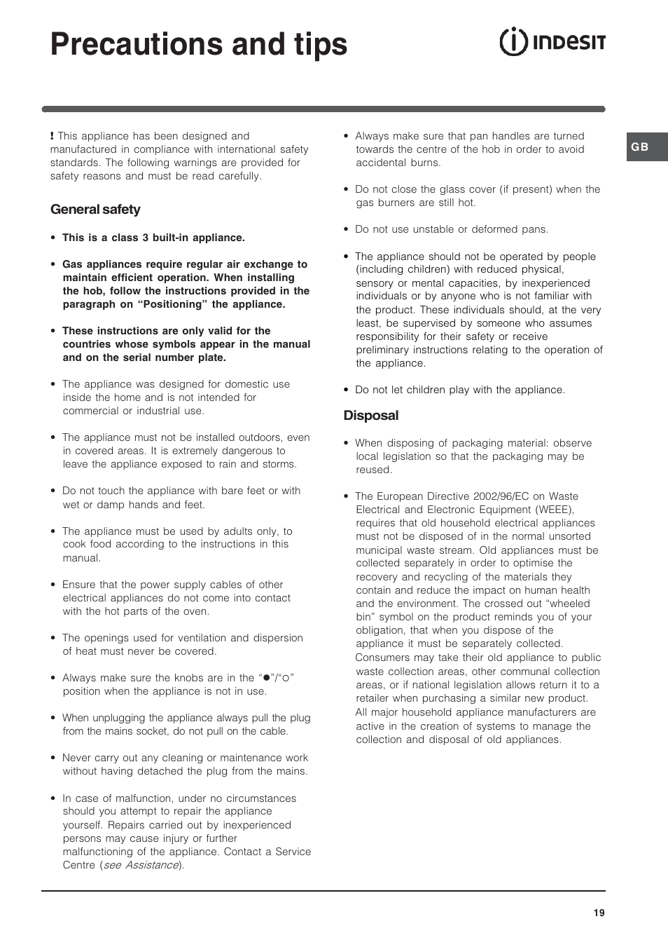 Precautions and tips, General safety, Disposal | Indesit IP-641-S-(IX) User Manual | Page 19 / 56
