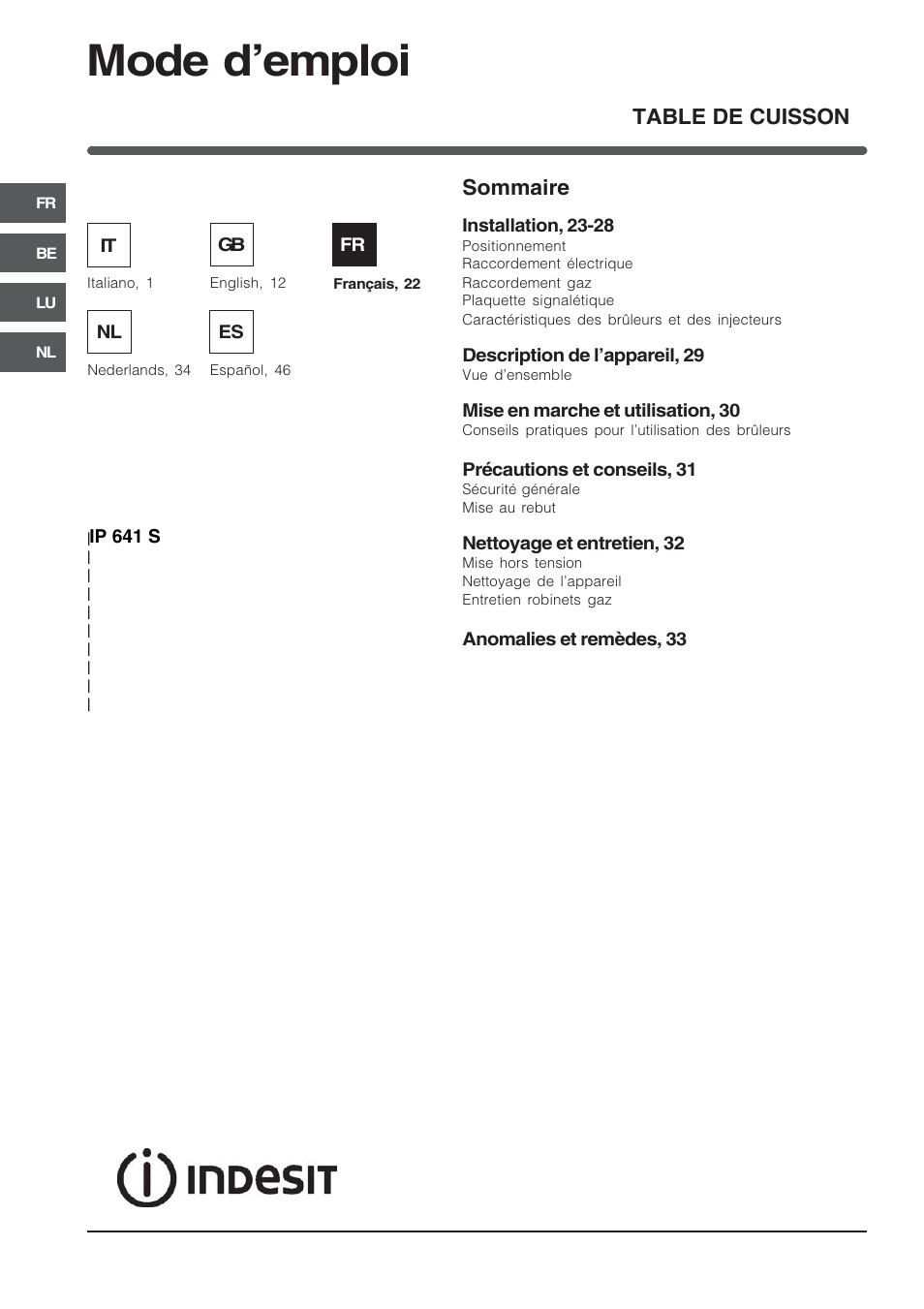 Mode demploi, Table de cuisson, Sommaire | Indesit IP-641-S-(IX) User Manual | Page 22 / 56