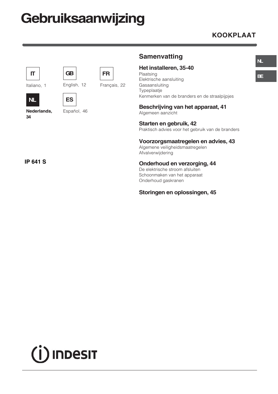 Gebruiksaanwijzing, Kookplaat samenvatting | Indesit IP-641-S-(IX) User Manual | Page 34 / 56