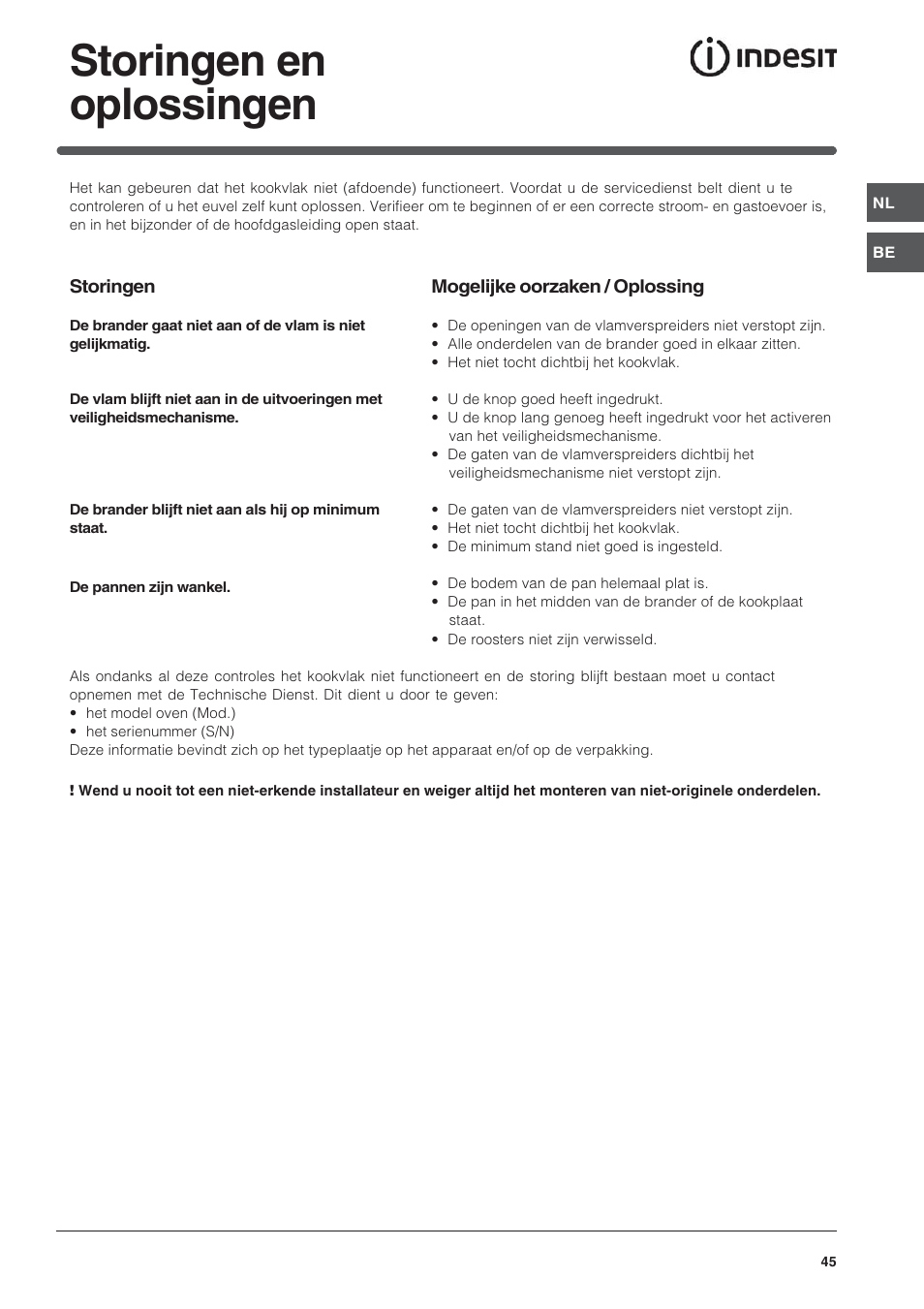 Storingen en oplossingen | Indesit IP-641-S-(IX) User Manual | Page 45 / 56