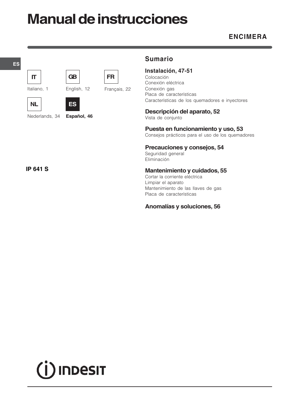Manual de instrucciones, Encimera, Sumario | Indesit IP-641-S-(IX) User Manual | Page 46 / 56