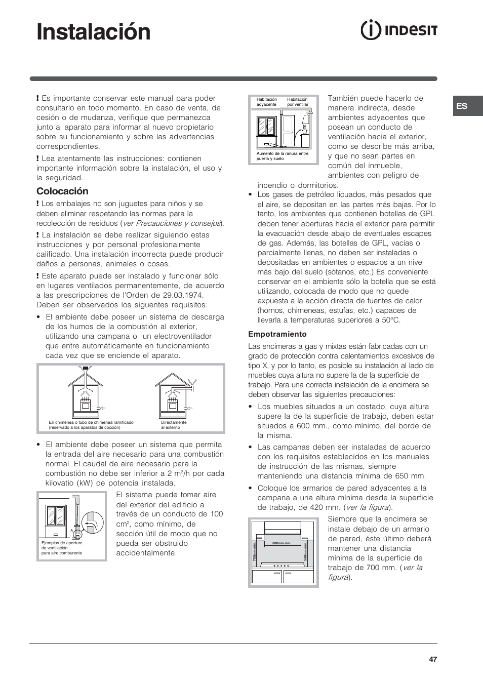 Instalación, Colocación | Indesit IP-641-S-(IX) User Manual | Page 47 / 56