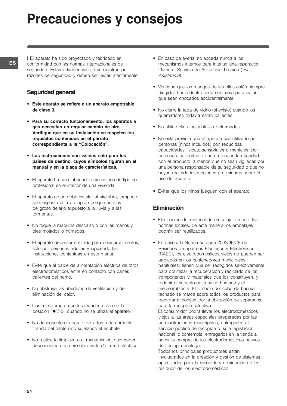 Precauciones y consejos, Seguridad general, Eliminación | Indesit IP-641-S-(IX) User Manual | Page 54 / 56