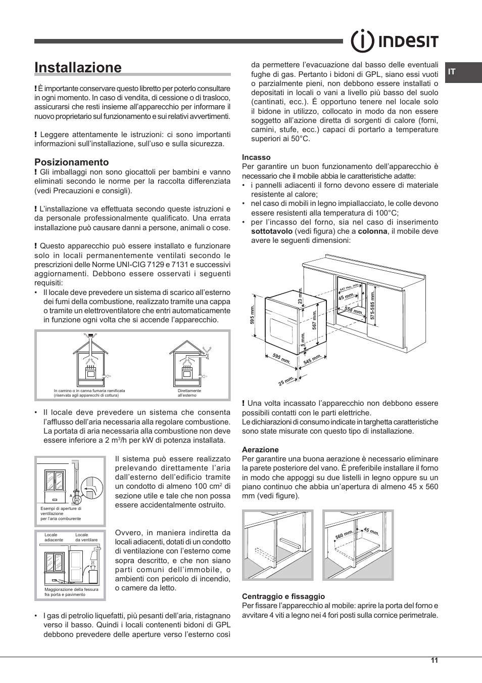 Installazione, Posizionamento | Indesit FGIM-K-IX-S User Manual | Page 11 / 64