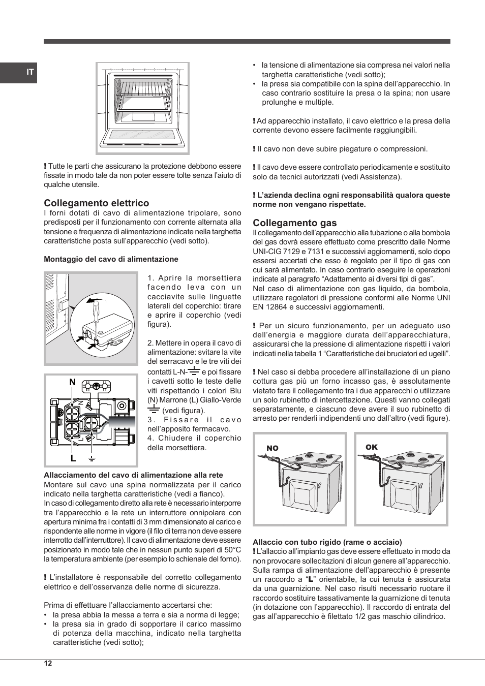 Collegamento elettrico, Collegamento gas | Indesit FGIM-K-IX-S User Manual | Page 12 / 64