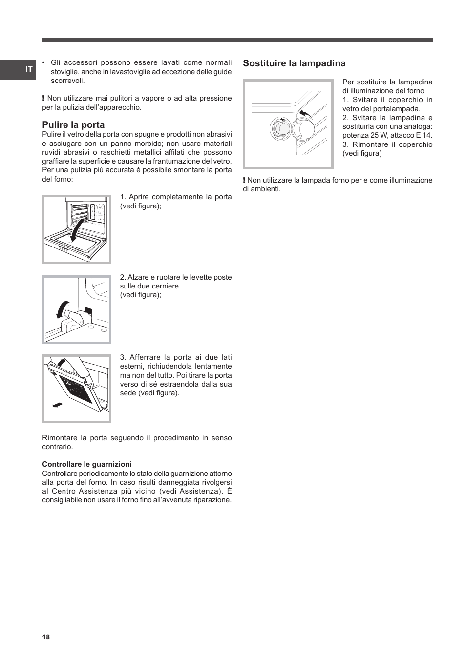 Pulire la porta, Sostituire la lampadina | Indesit FGIM-K-IX-S User Manual | Page 18 / 64