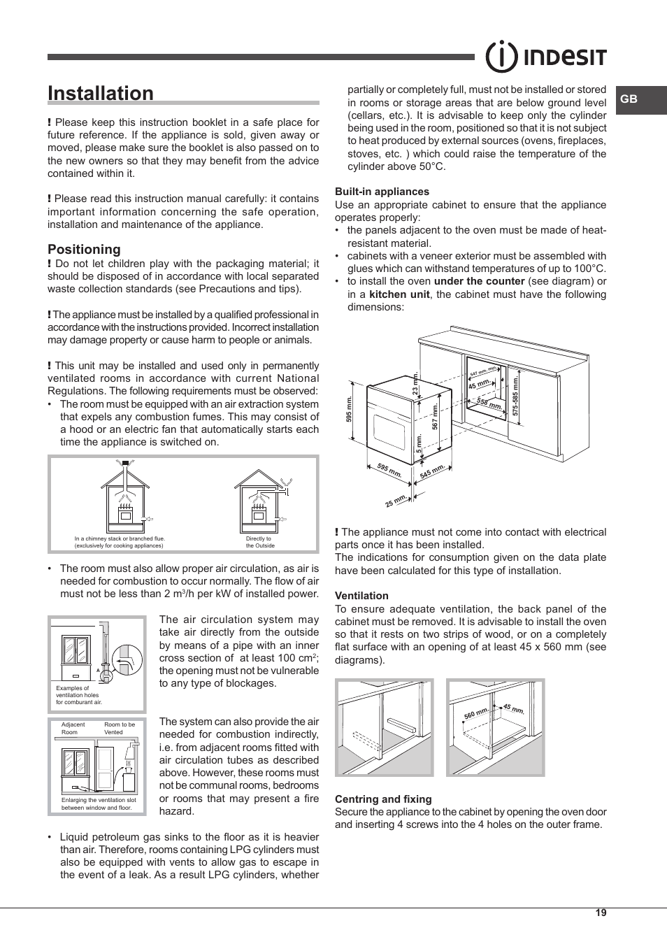 Installation, Positioning | Indesit FGIM-K-IX-S User Manual | Page 19 / 64