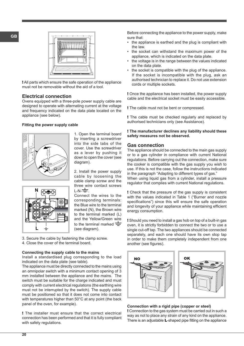 Electrical connection, Gas connection | Indesit FGIM-K-IX-S User Manual | Page 20 / 64