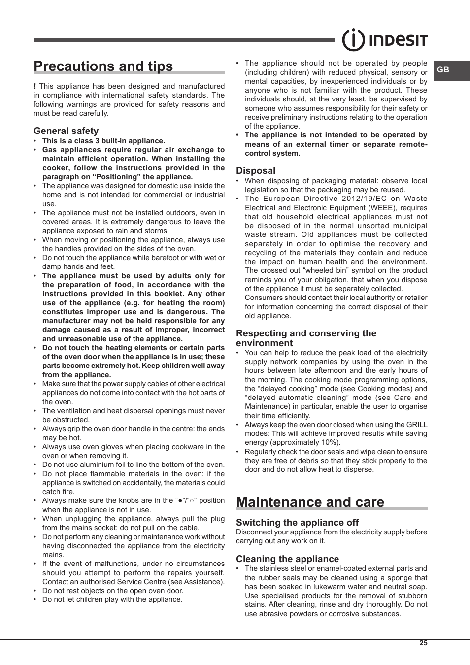 Precautions and tips, Maintenance and care, General safety | Disposal, Respecting and conserving the environment, Switching the appliance off, Cleaning the appliance | Indesit FGIM-K-IX-S User Manual | Page 25 / 64