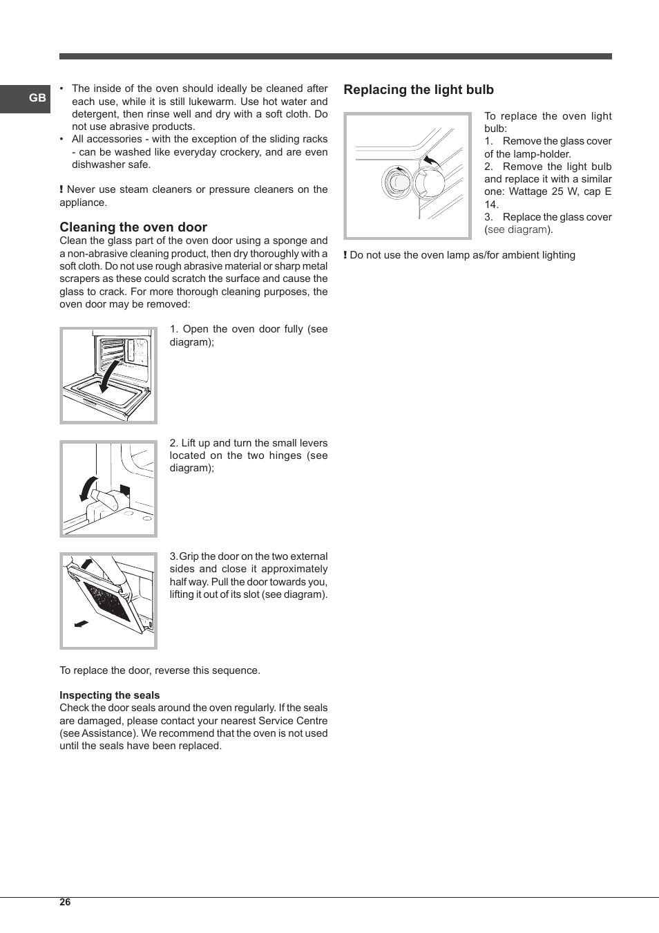 Cleaning the oven door, Replacing the light bulb | Indesit FGIM-K-IX-S User Manual | Page 26 / 64