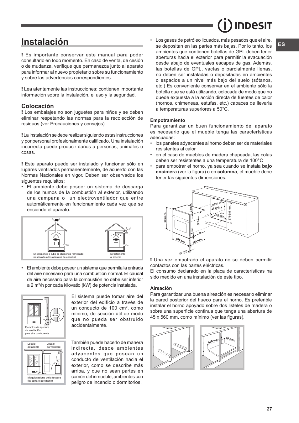 Instalación, Colocación | Indesit FGIM-K-IX-S User Manual | Page 27 / 64