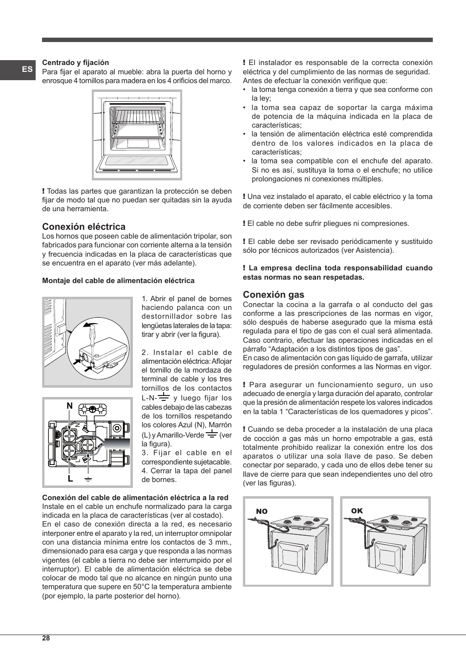 Conexión eléctrica, Conexión gas | Indesit FGIM-K-IX-S User Manual | Page 28 / 64