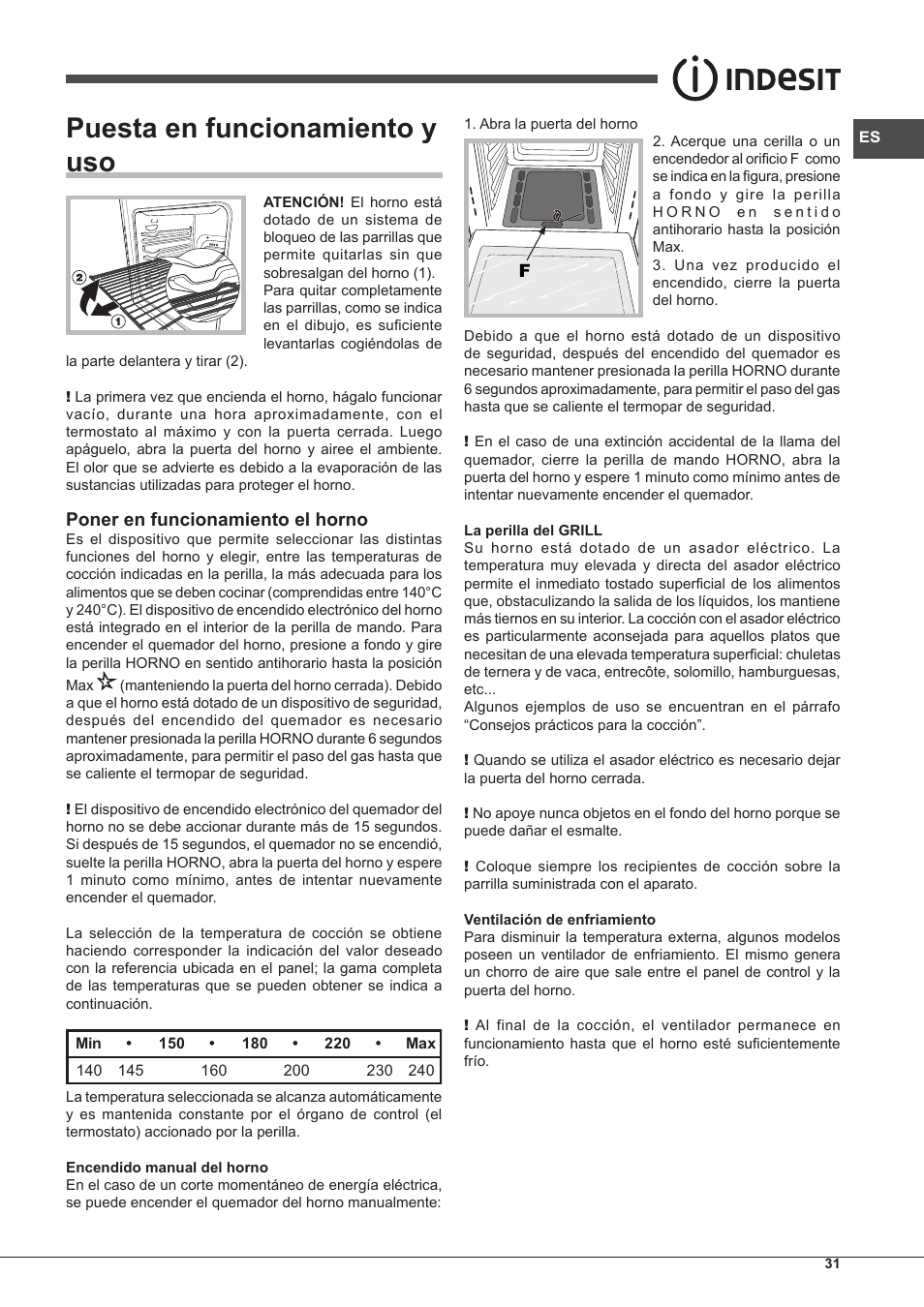 Puesta en funcionamiento y uso, Poner en funcionamiento el horno | Indesit FGIM-K-IX-S User Manual | Page 31 / 64