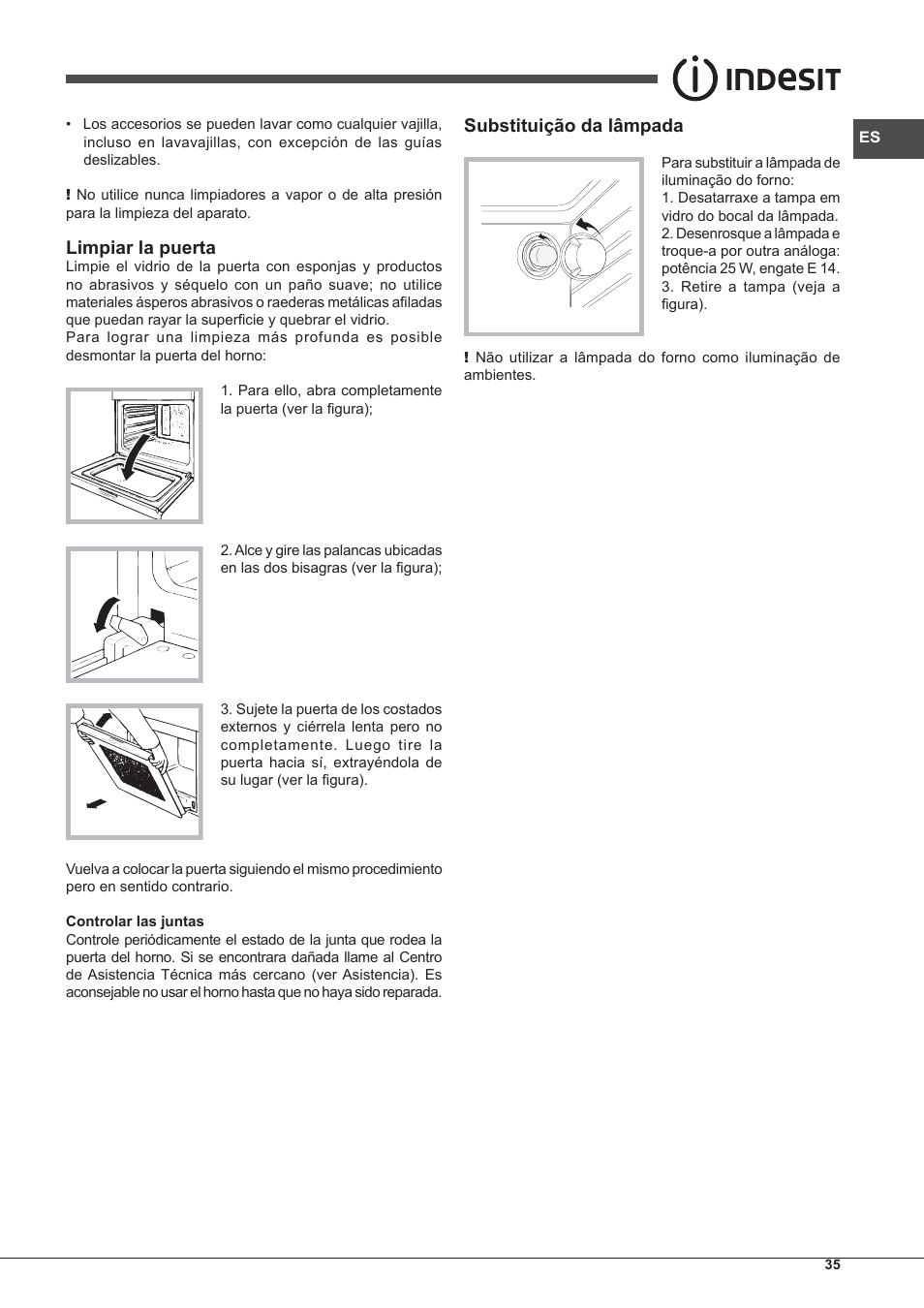 Limpiar la puerta, Substituição da lâmpada | Indesit FGIM-K-IX-S User Manual | Page 35 / 64