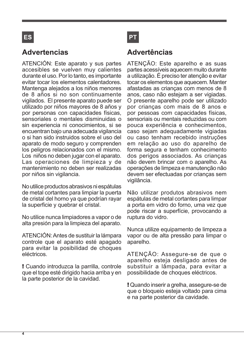 Advertencias, Advertências | Indesit FGIM-K-IX-S User Manual | Page 4 / 64