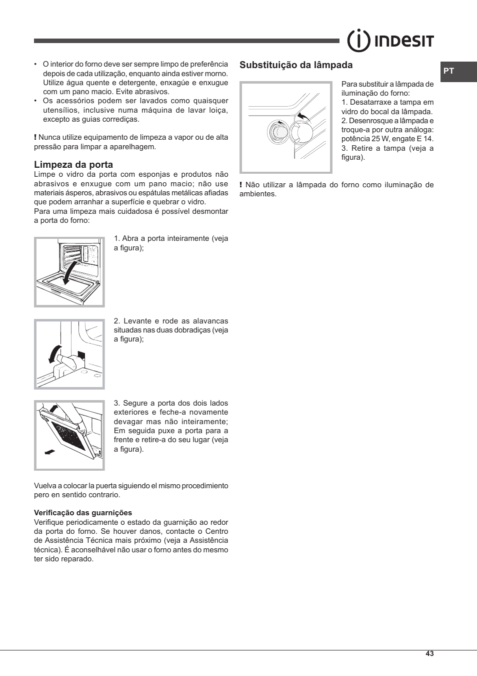 Limpeza da porta, Substituição da lâmpada | Indesit FGIM-K-IX-S User Manual | Page 43 / 64