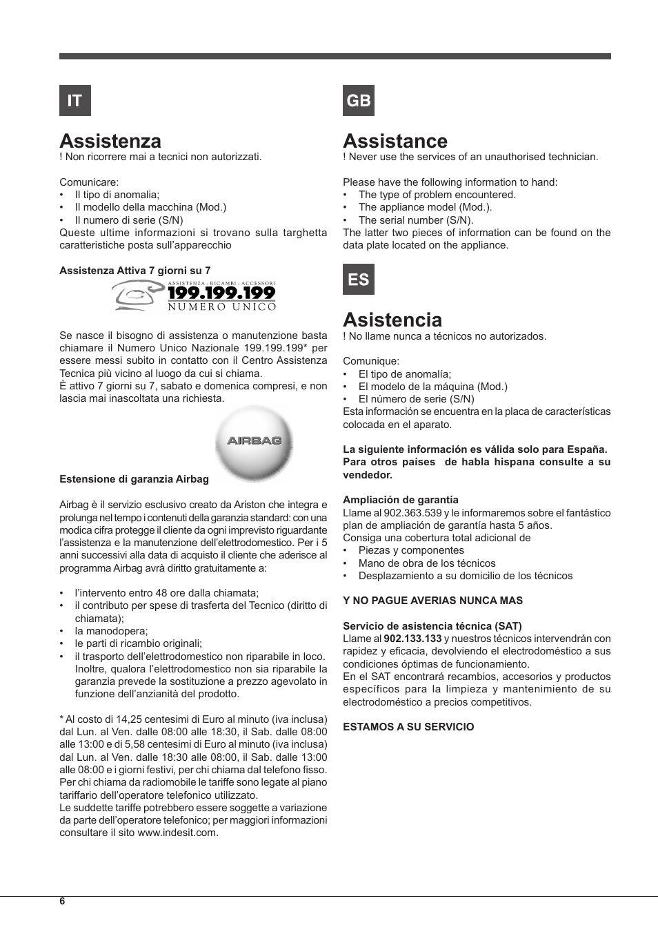 Assistenza, Assistance, Asistencia | Indesit FGIM-K-IX-S User Manual | Page 6 / 64