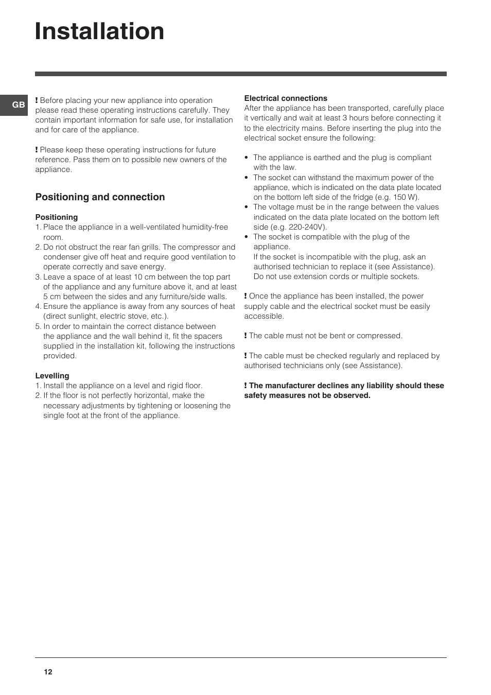 Installation | Indesit NCAA-55 User Manual | Page 12 / 72