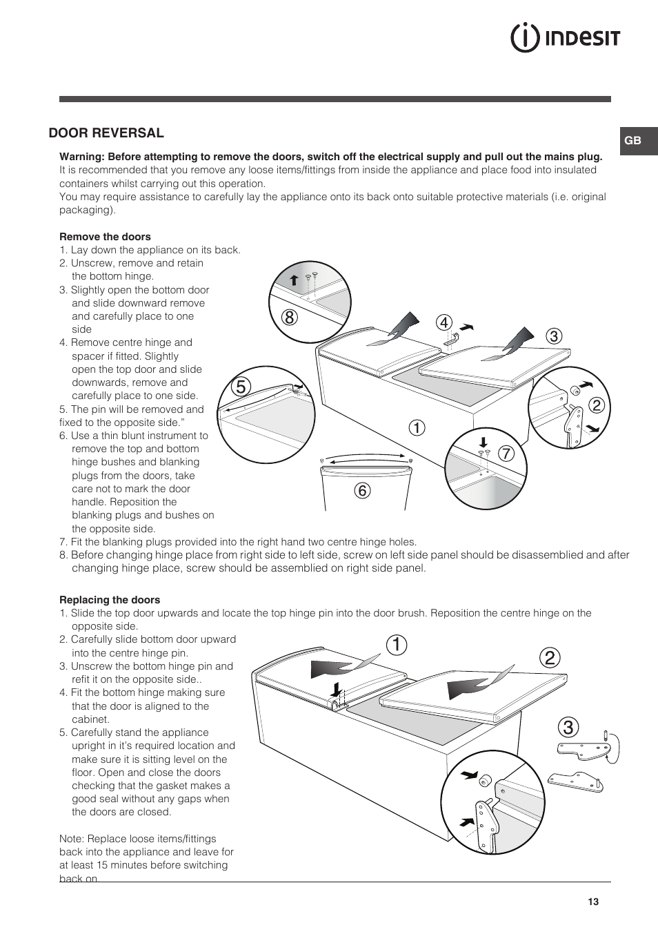 Door reversal | Indesit NCAA-55 User Manual | Page 13 / 72