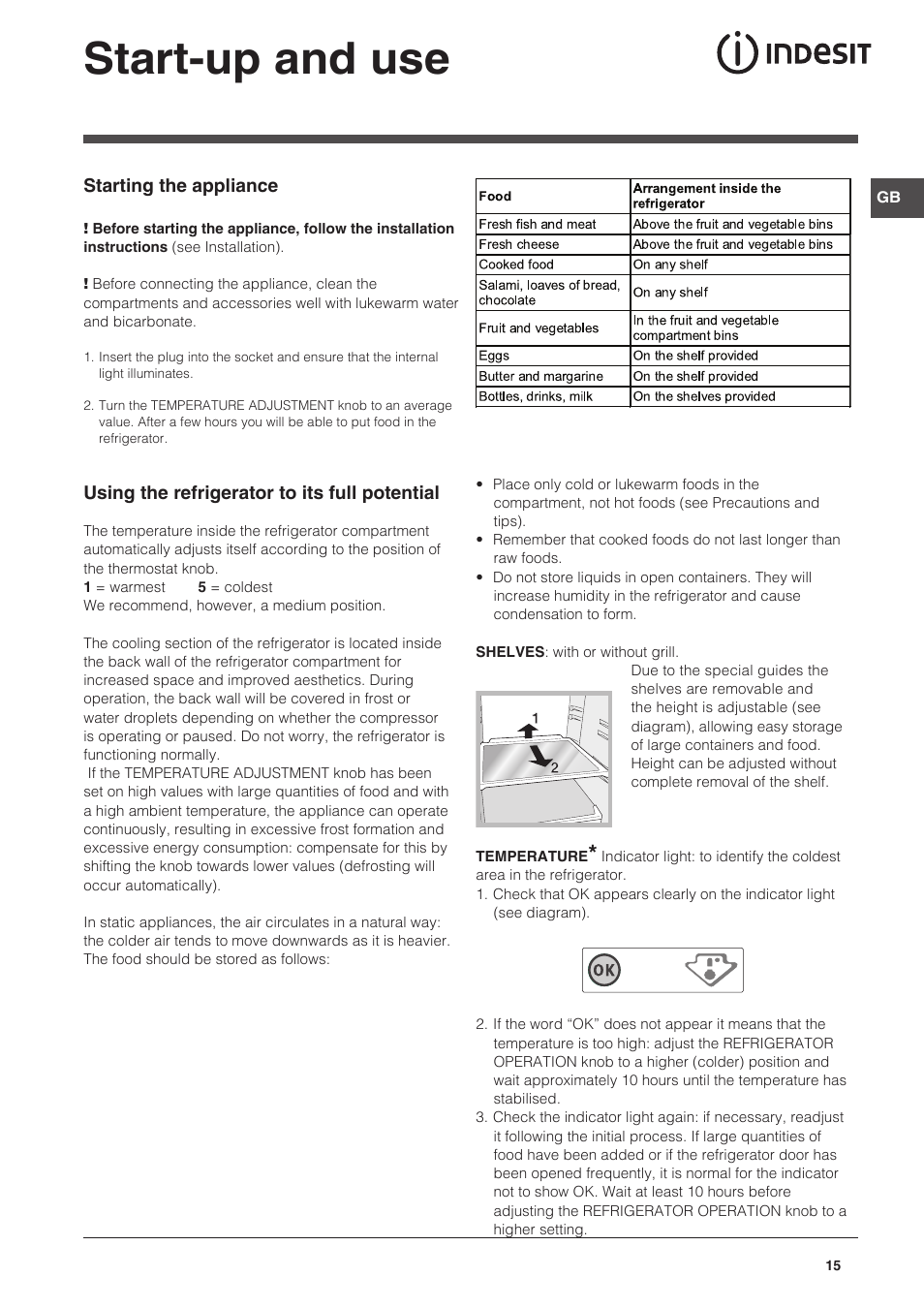 Start-up and use | Indesit NCAA-55 User Manual | Page 15 / 72