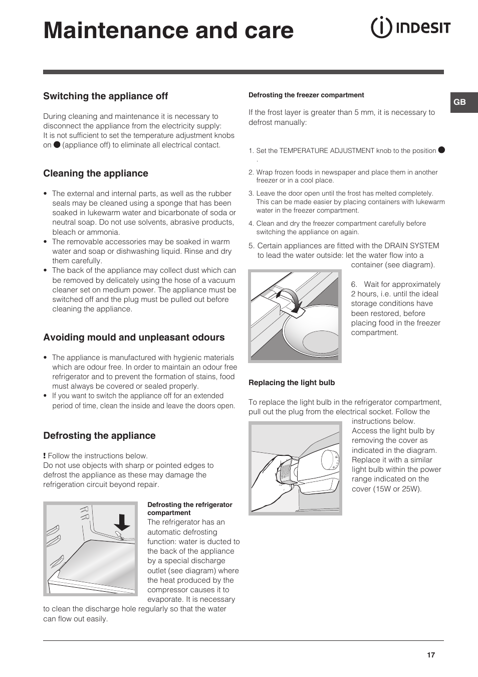 Maintenance and care | Indesit NCAA-55 User Manual | Page 17 / 72