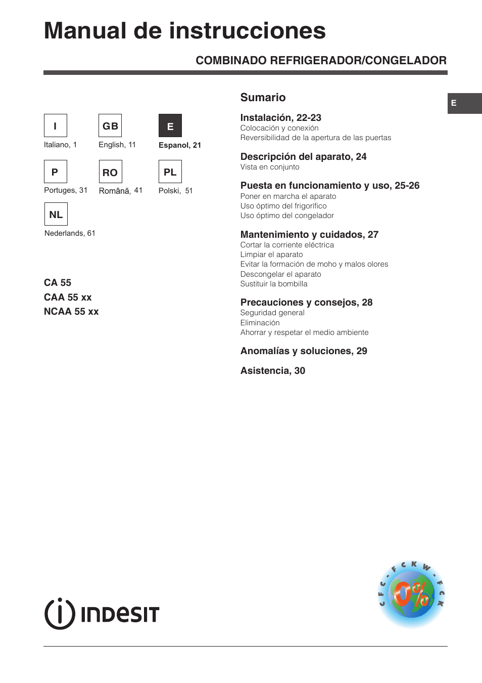Manual de instrucciones, Combinado refrigerador/congelador sumario | Indesit NCAA-55 User Manual | Page 21 / 72