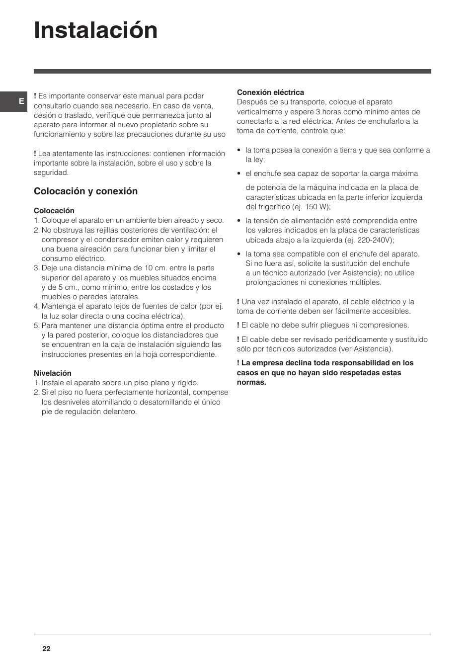 Instalación | Indesit NCAA-55 User Manual | Page 22 / 72