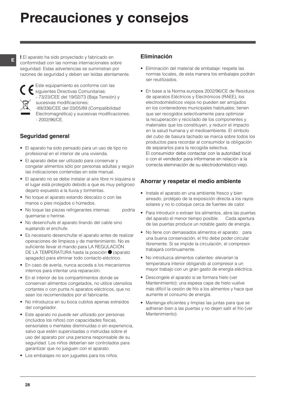 Precauciones y consejos | Indesit NCAA-55 User Manual | Page 28 / 72