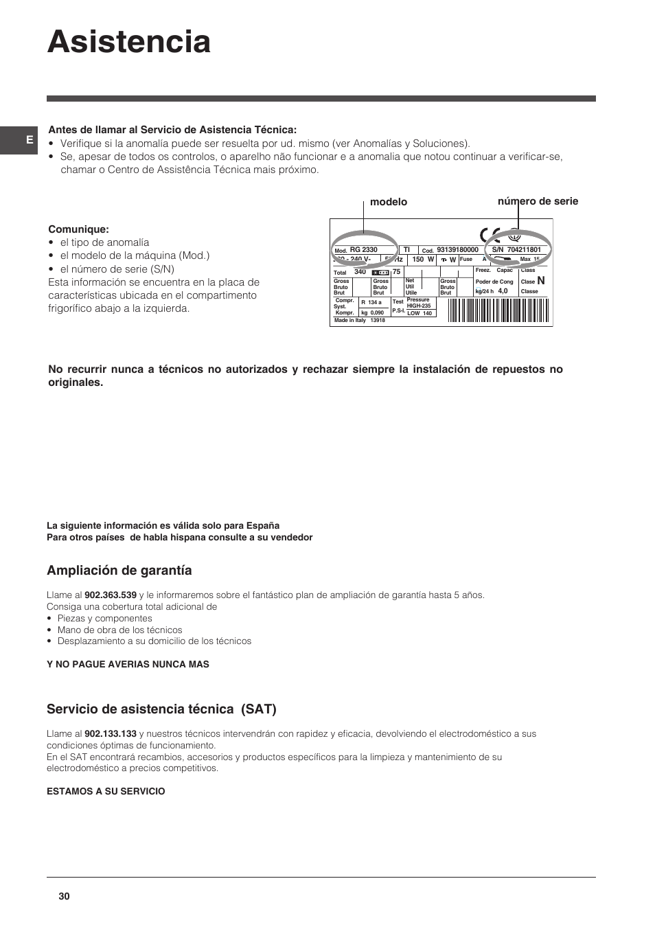 Asistencia, Ampliación de garantía, Servicio de asistencia técnica (sat) | Modelo número de serie | Indesit NCAA-55 User Manual | Page 30 / 72
