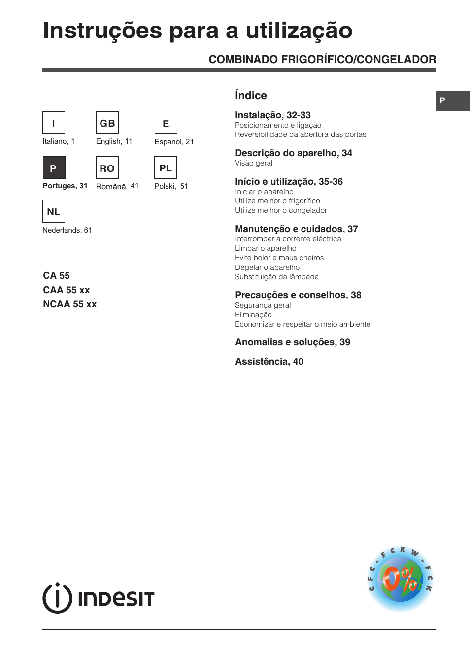 Instruções para a utilização, Combinado frigorífico/congelador índice | Indesit NCAA-55 User Manual | Page 31 / 72
