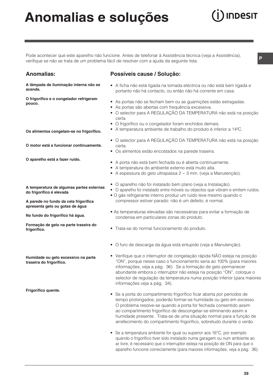 Anomalias e soluções, Anomalias, Possíveis cause / solução | Indesit NCAA-55 User Manual | Page 39 / 72