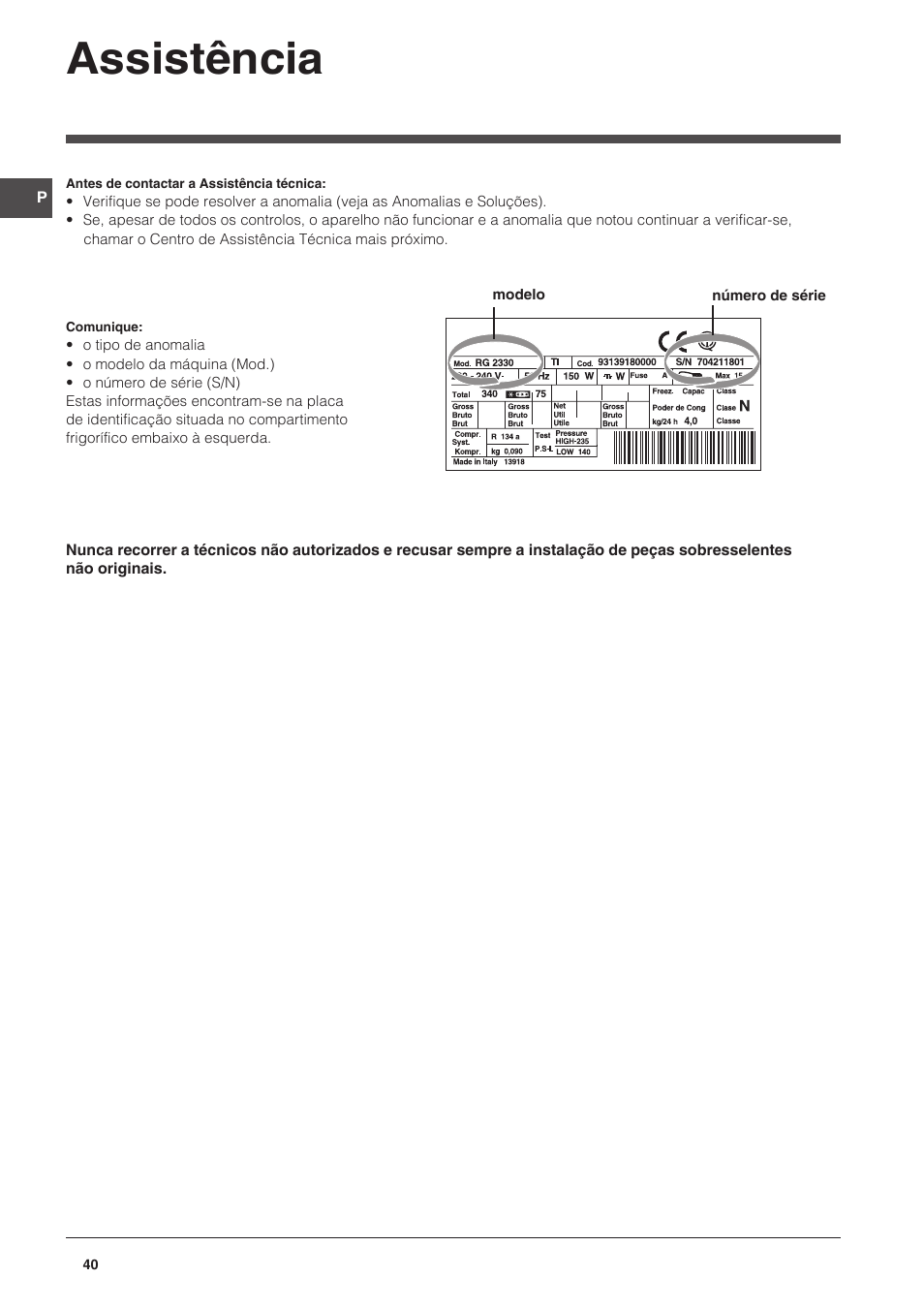 Assistência | Indesit NCAA-55 User Manual | Page 40 / 72