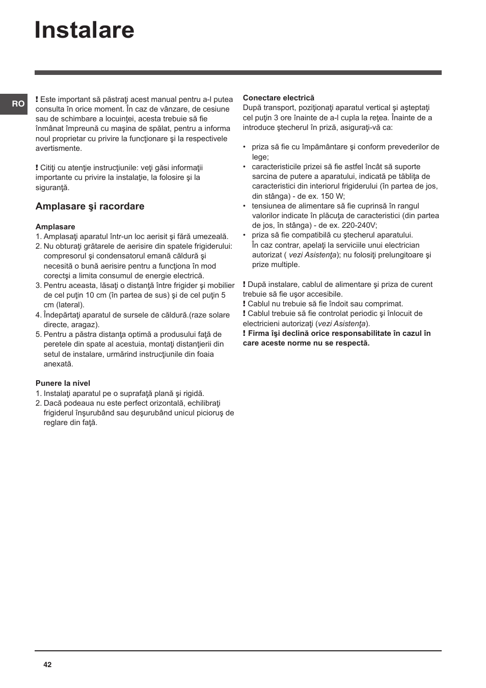 Instalare | Indesit NCAA-55 User Manual | Page 42 / 72