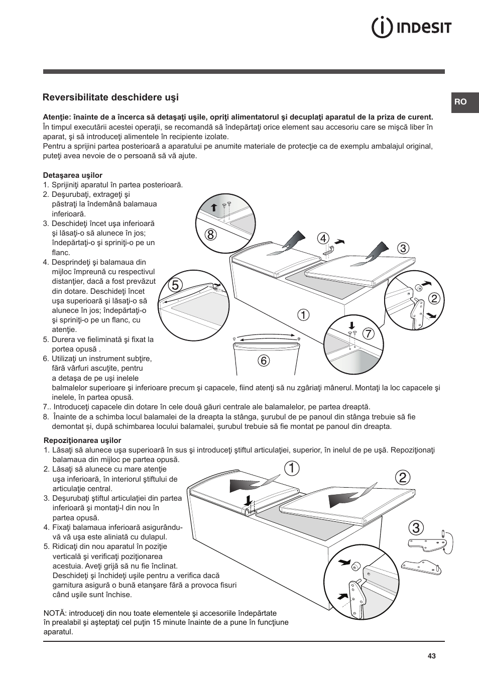 Reversibilitate deschidere uşi | Indesit NCAA-55 User Manual | Page 43 / 72