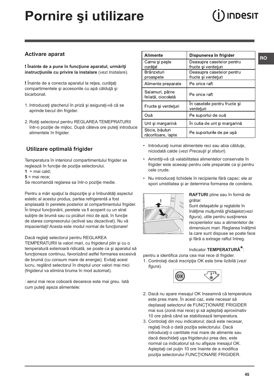 Pornire şi utilizare | Indesit NCAA-55 User Manual | Page 45 / 72