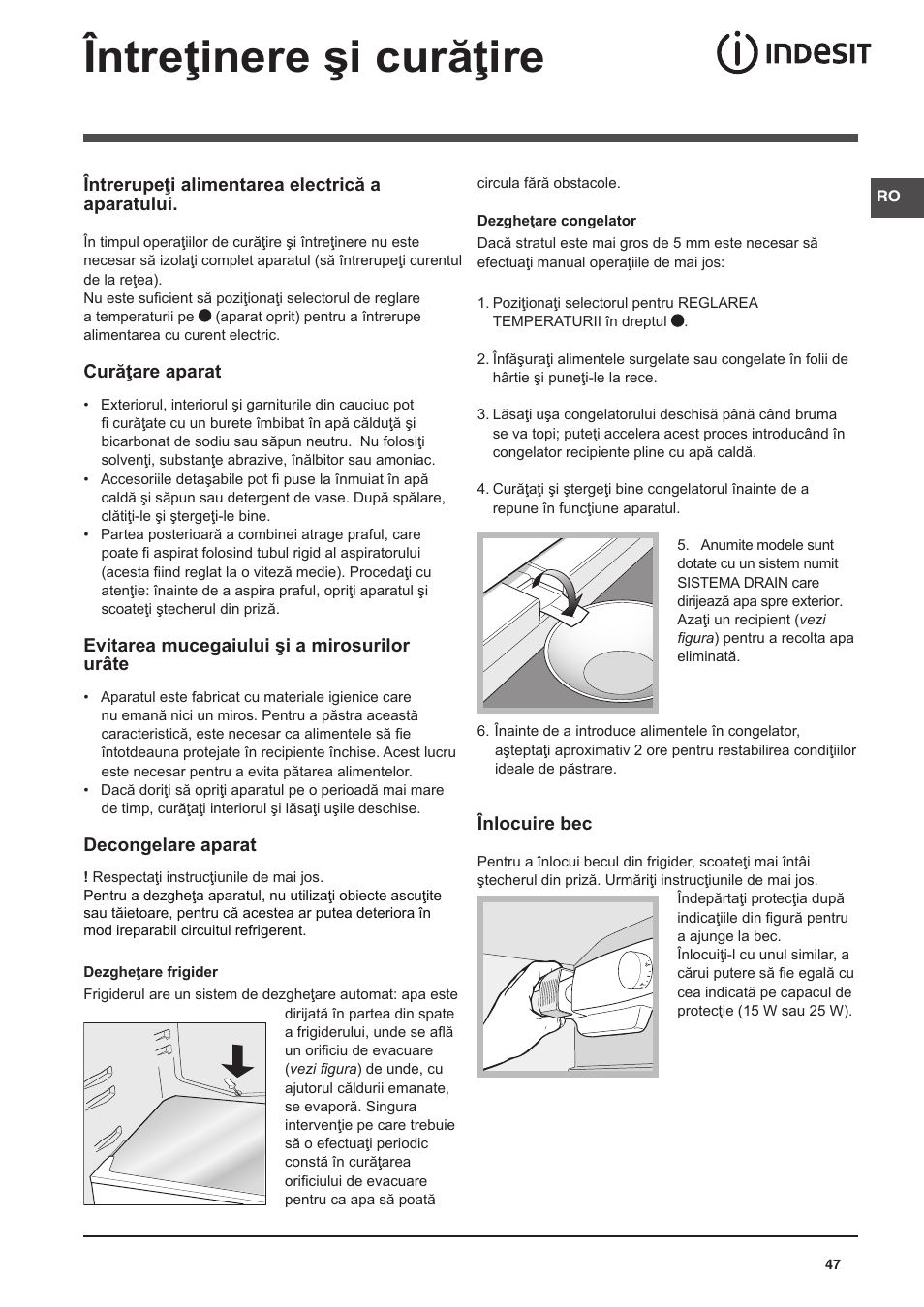 Întreţinere şi curăţire | Indesit NCAA-55 User Manual | Page 47 / 72