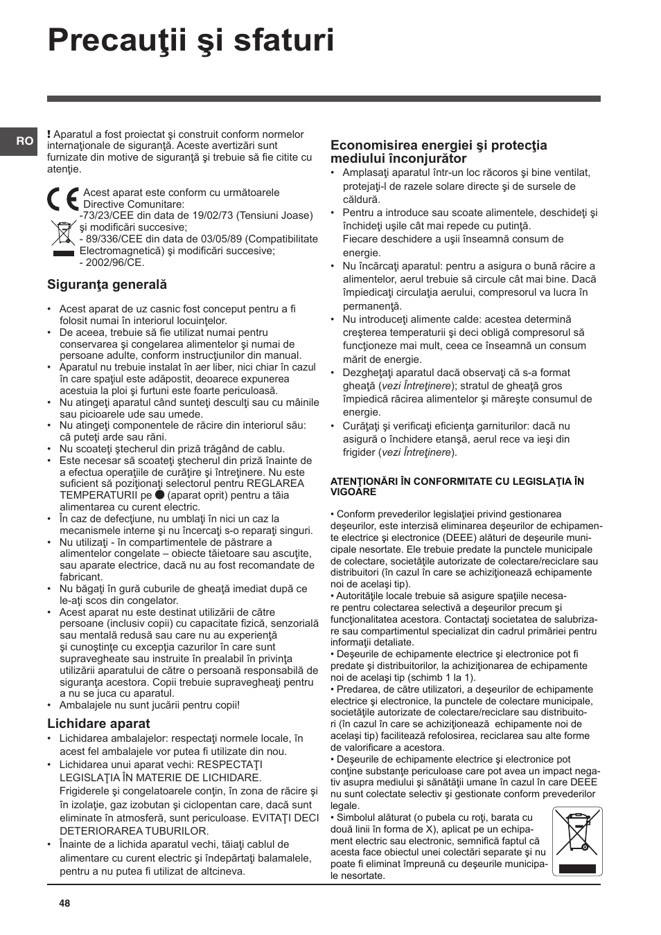 Precauţii şi sfaturi, Siguranţa generală, Lichidare aparat | Indesit NCAA-55 User Manual | Page 48 / 72