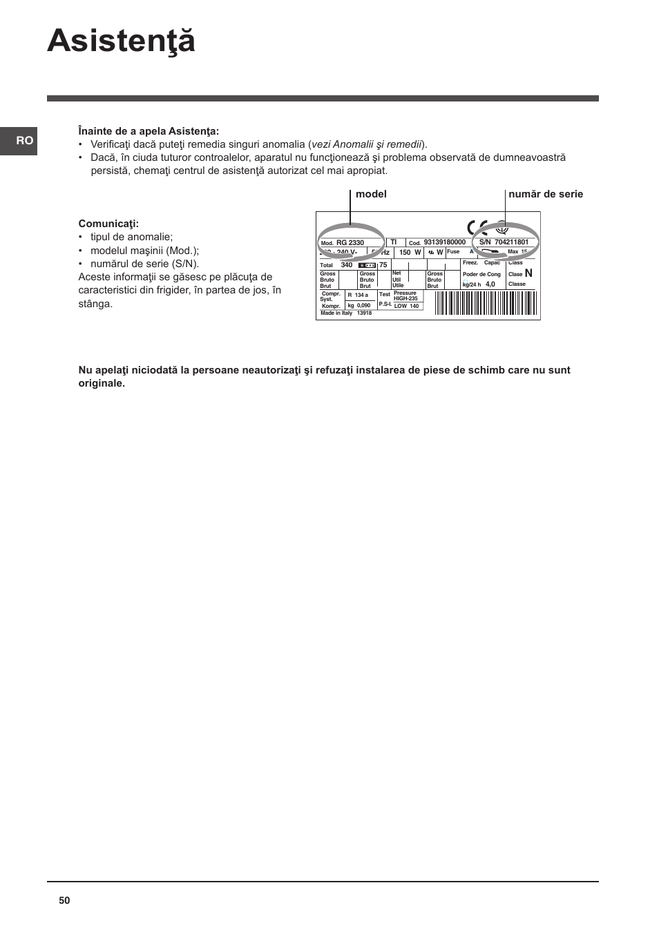 Asistenţă, Model număr de serie | Indesit NCAA-55 User Manual | Page 50 / 72