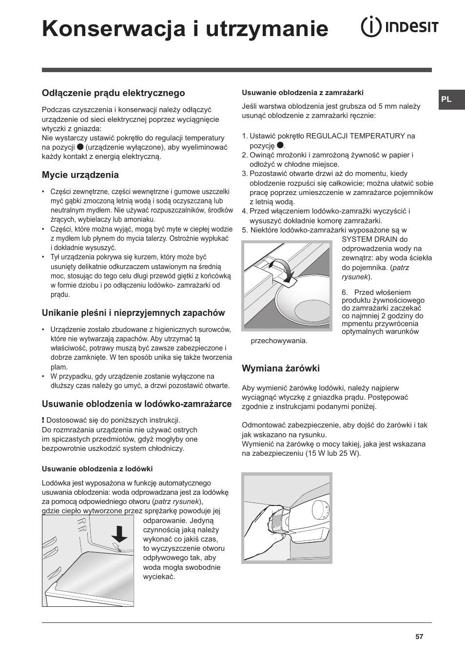 Konserwacja i utrzymanie | Indesit NCAA-55 User Manual | Page 57 / 72